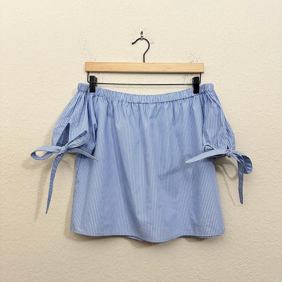 NWT LULUS Smooth Seas Blue & White Striped Off-the-Shoulder Crop Top - Picture 1 of 11